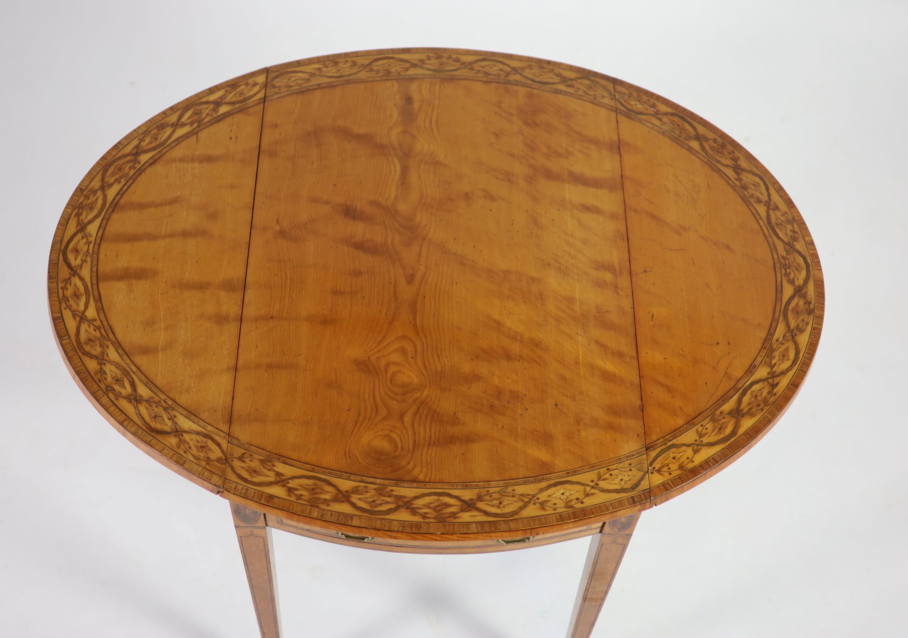 A George III Sheraton style marquetry inlaid satinwood Pembroke table, W 76cm D 52cm H 73cm